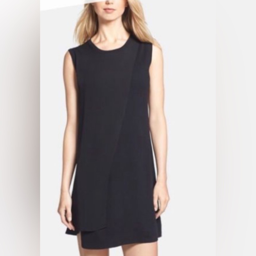 Theory knit sleeveless shift dress with sheer overlay size small black